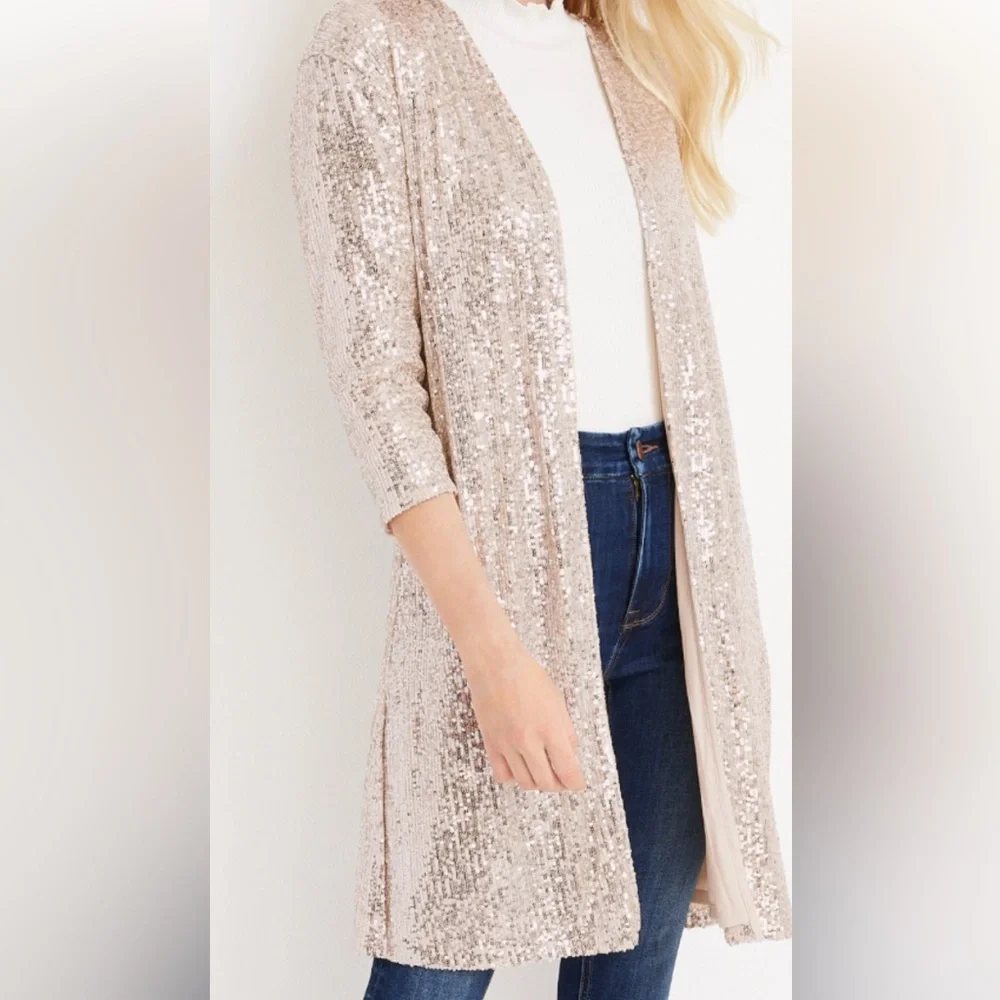 Maurice’s  longer cardigan XS  NWT special Occassion gold sequin duster